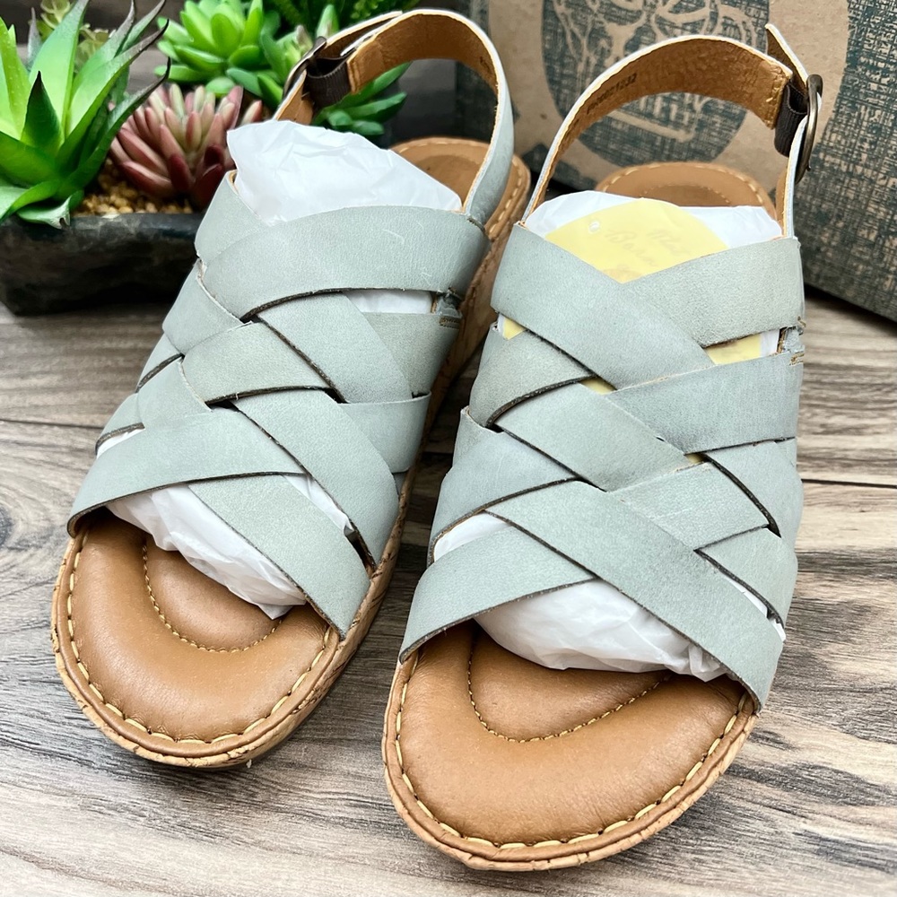 NIB Born Laila Strappy Slingback Wedge Leather Sandal Light Blue 8M 39 - Picture 3 of 13